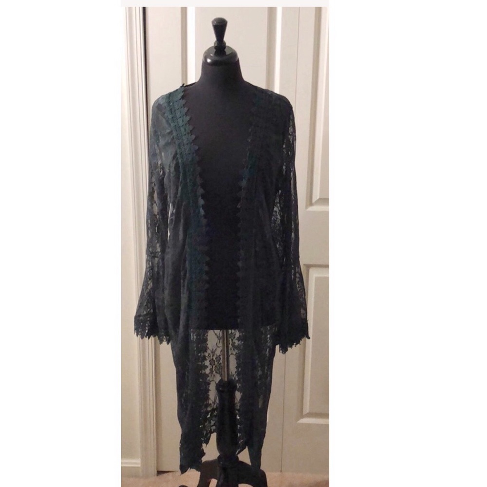 GREEN LACE BELL SLEEVE LONG DUSTER KIMONO XL